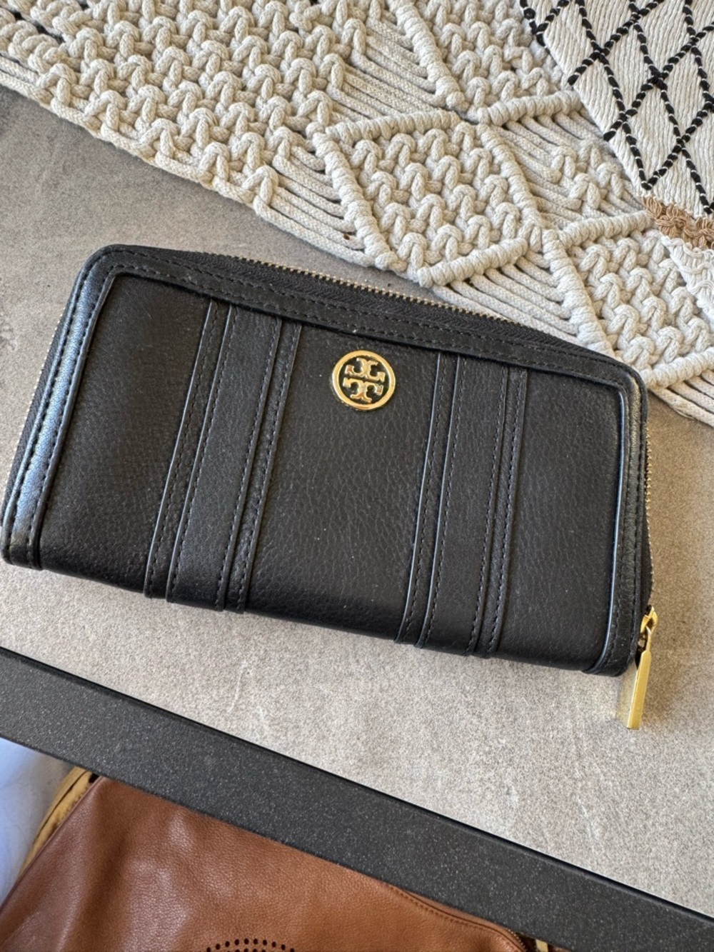 Tory Burch Black Zip-Around Leather Card Holder with Gold Logo